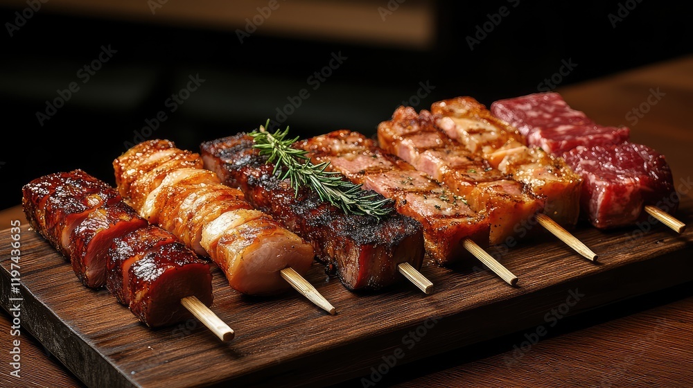 custom made wallpaper toronto digitalIberico Ham and Meat Skewers on Wooden Board with Cross Sections and Green Garnish