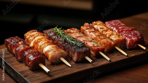 Wallpaper Mural Iberico Ham and Meat Skewers on Wooden Board with Cross Sections and Green Garnish Torontodigital.ca