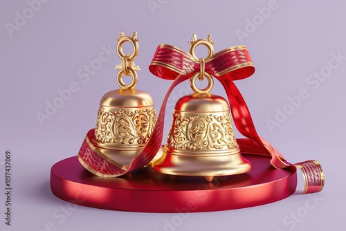 pair of Huge glossy shiny 3d golden Christian Christmas jingle bells with red ribbons patterns,Reindeer-shaped Christmas jingle bellsred podium, pale violet background
