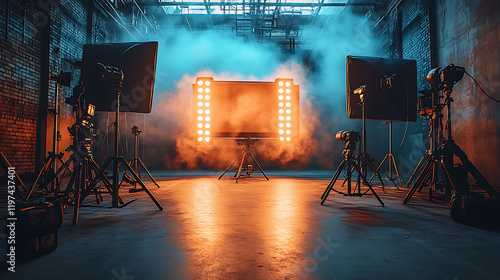 A cinematic studio setup featuring bright lights and smoke, creating an atmospheric backdrop for filming
