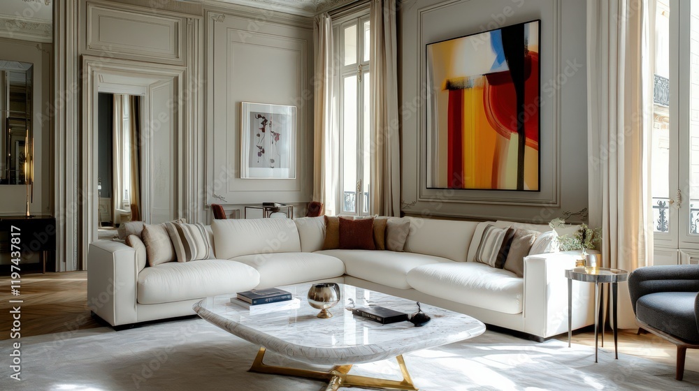 Fototapeta premium A luxurious living space featuring an elegant white sofa, marble coffee table, and abstract art on the walls.