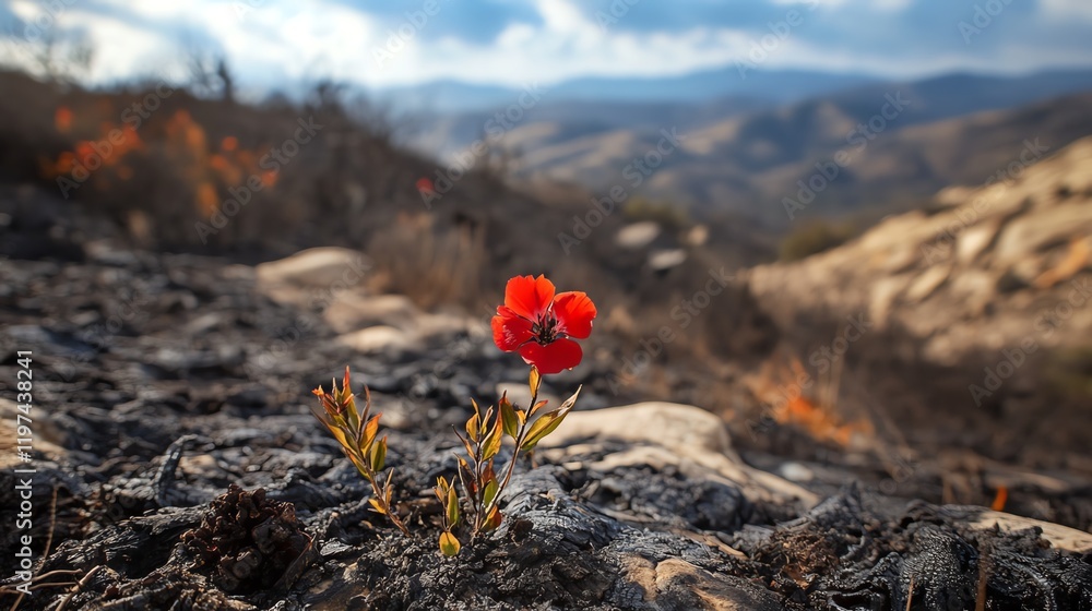 Single red flower blooming on rocky terrain under a dramatic sky. Single red flower blooming on rocky terrain under a dramatic sky.