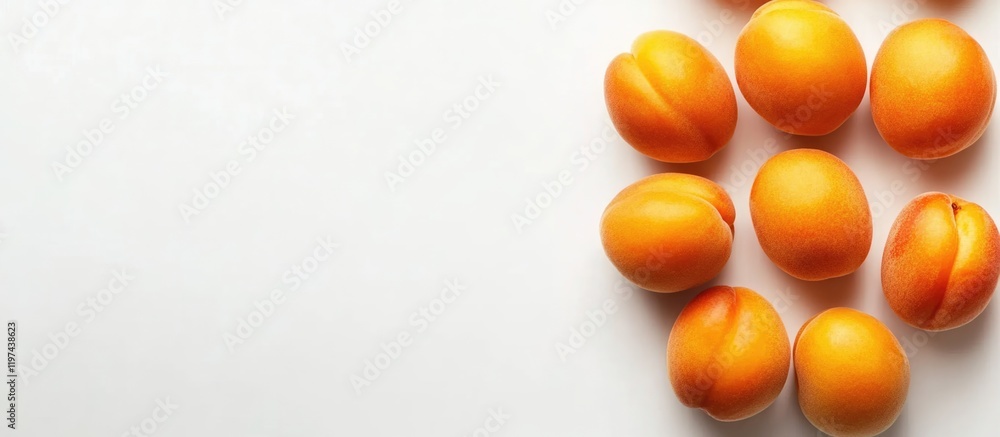 Fresh ripe apricots arranged on white background with copy space for text or design purposes