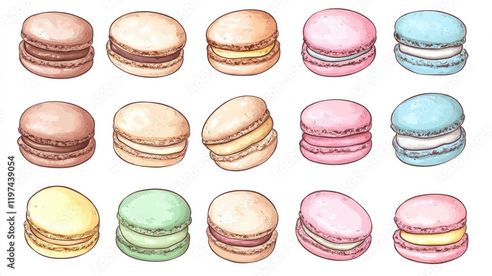 Fototapeta premium Colorful assortment of macarons arranged on a white background, featuring shades of pink, blue, green, yellow, and brown with various fillings.