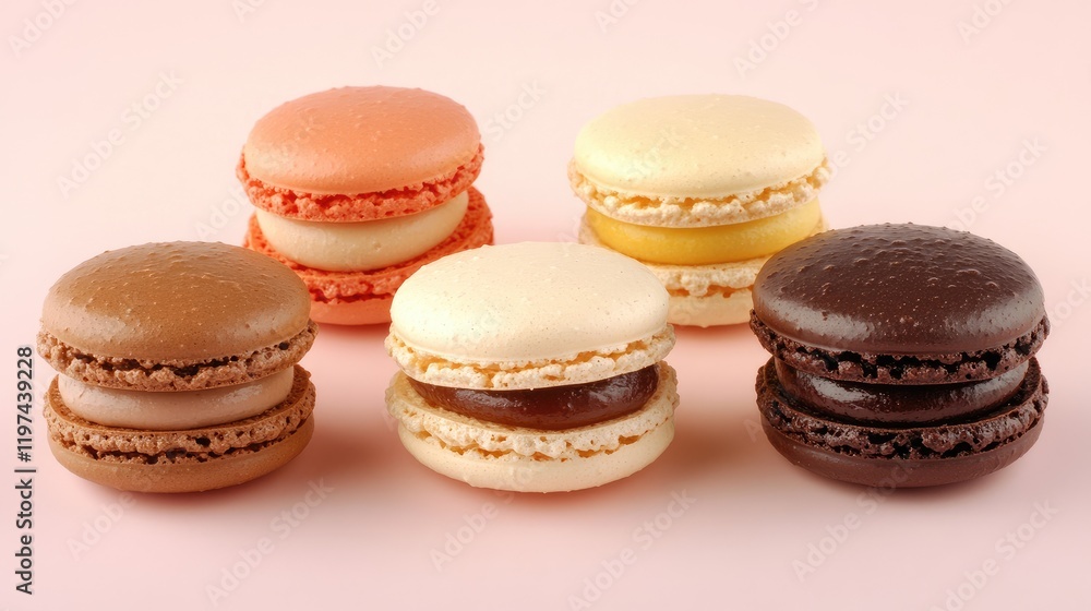Assorted macarons in various flavors on a pastel background. Colorful confectionery display. Assorted macarons in various flavors on a pastel background. Colorful confectionery display.