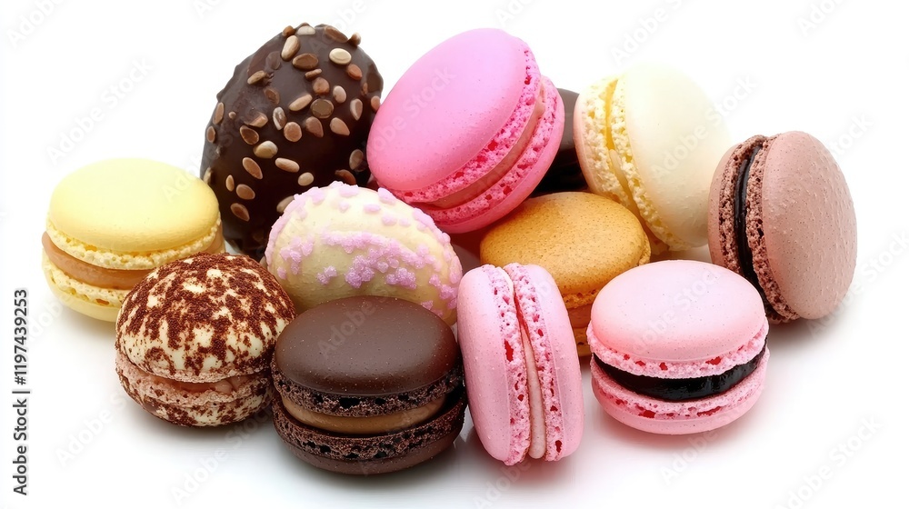 Colorful macarons arranged on a white surface, featuring various flavors and toppings. Colorful macarons arranged on a white surface, featuring various flavors and toppings.