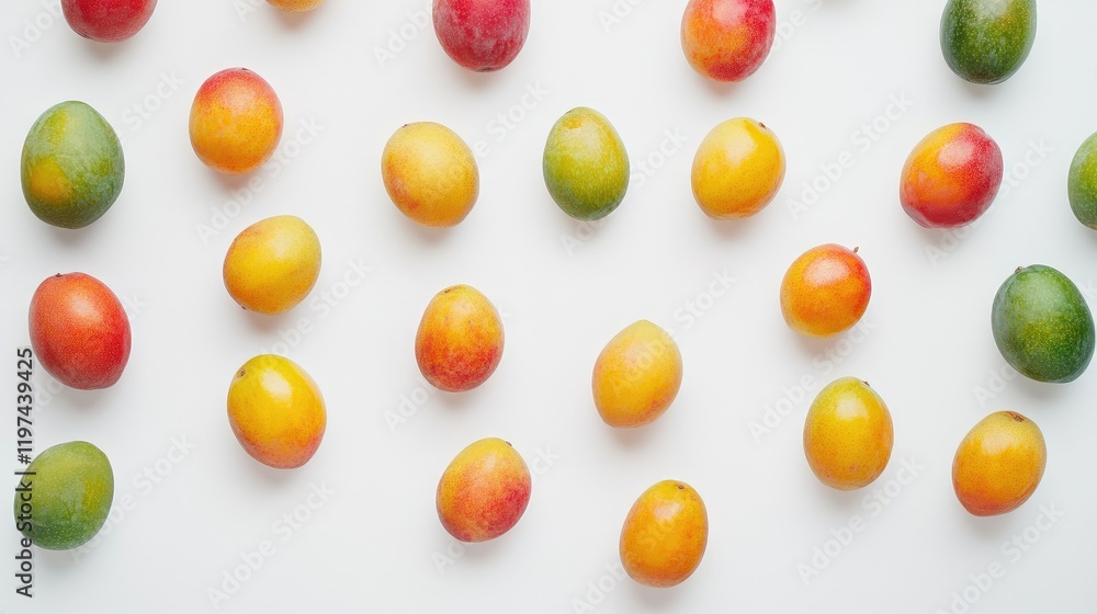 Variety of mangoes in different colors arranged evenly on a light backdrop viewed from above Variety of mangoes in different colors arranged evenly on a light backdrop viewed from above