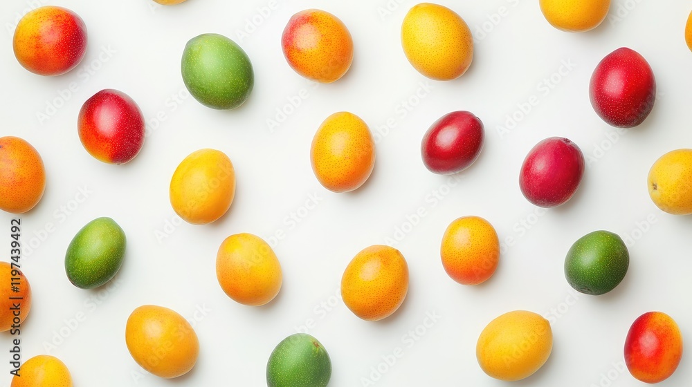 Variety of mangoes on light background from overhead perspective Variety of mangoes on light background from overhead perspective