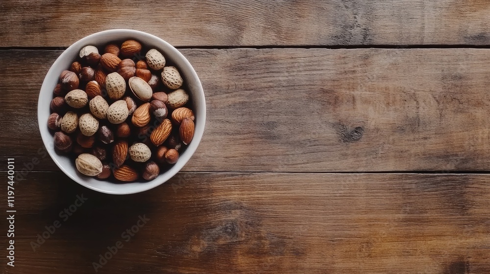 Assorted nuts in a white bowl on a rustic wooden table surface Assorted nuts in a white bowl on a rustic wooden table surface