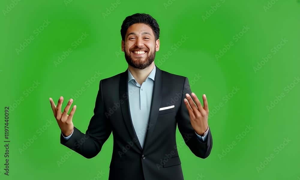 Happy businessman showcasing, green screen background, success, advertising Happy businessman showcasing, green screen background, success, advertising