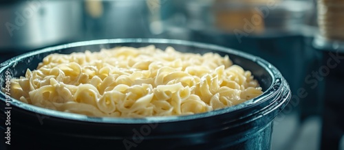 Large container of cooked pasta with creamy sauce in a commercial kitchen setting with shallow depth of field and natural light Copy Space