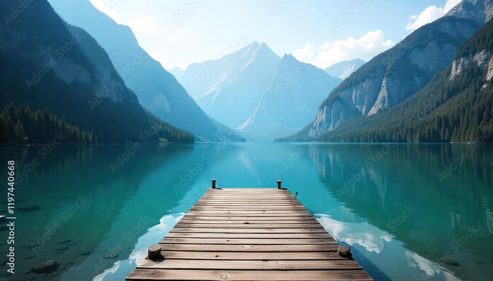 Serene Mountain Lake with Wooden Dock Serene Mountain Lake with Wooden Dock