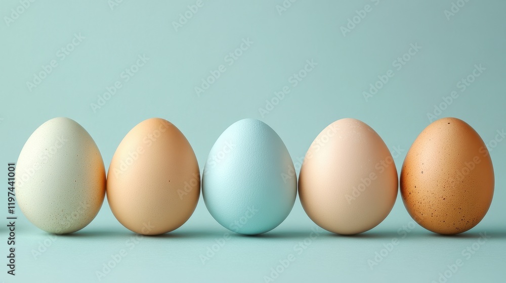 Row of white eggs with one egg in the center on a neutral surface Row of white eggs with one egg in the center on a neutral surface