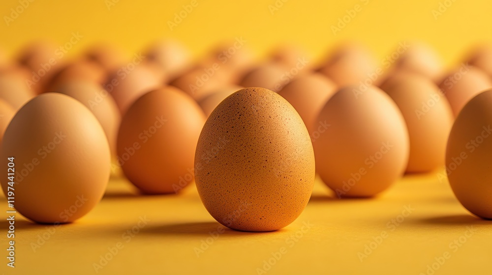 Row of fresh eggs arranged neatly on a bright yellow background Row of fresh eggs arranged neatly on a bright yellow background