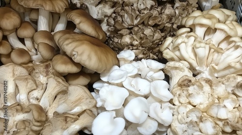 Assorted fresh mushrooms for sale at market including white, brown, and portobello varieties. photo