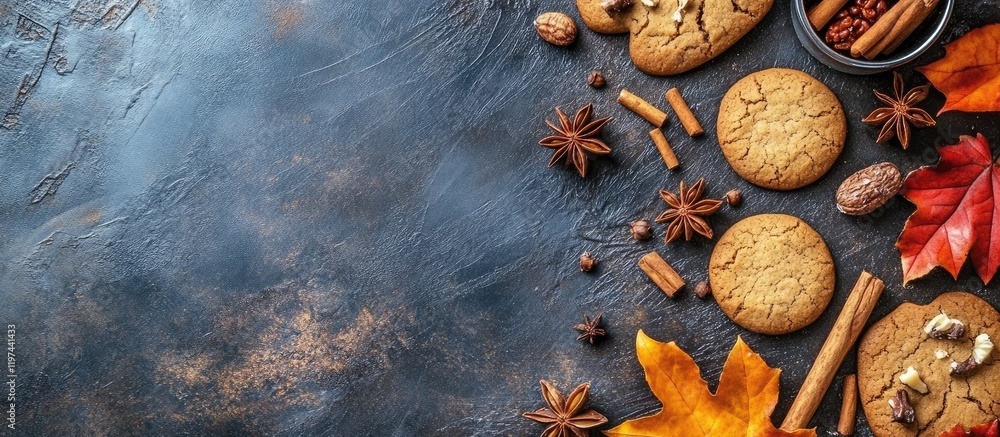 Warm Autumn Spice Composition with Ginger Cookies, Cinnamon Sticks, Star Anise, and Colorful Maple Leaves on Textured Dark Background Warm Autumn Spice Composition with Ginger Cookies, Cinnamon Sticks, Star Anise, and Colorful Maple Leaves on Textured Dark Background