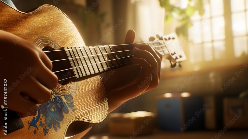 Fototapeta premium Hands playing a decorated acoustic guitar
