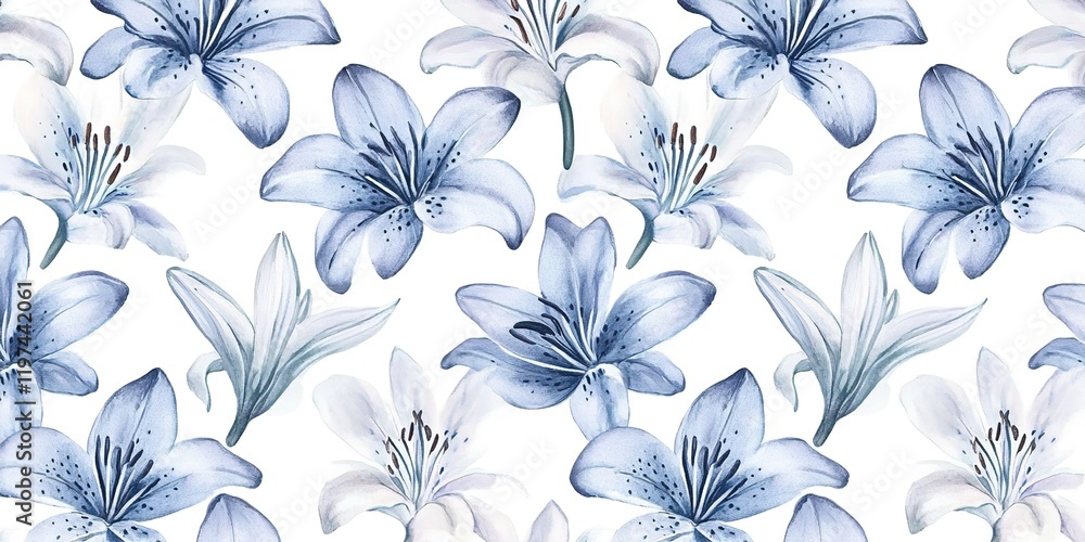 A seamless pattern of lilies in shades of blue and gray, arranged on a white background, in a watercolor style. A seamless pattern of lilies in shades of blue and gray, arranged on a white background, in a watercolor style.