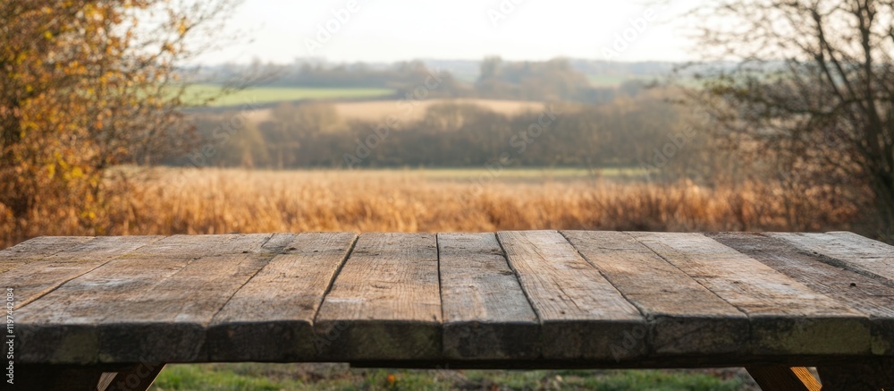 Naklejka premium Weathered wooden table with rustic texture overlooking a blurred natural landscape and fields in the background Copy Space