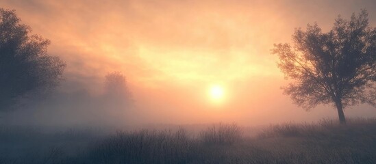 Fotobehang Cappuccinokleur Foggy sunrise landscape with trees silhouette and soft pastel sky over misty field Copy Space  © NFTNexus