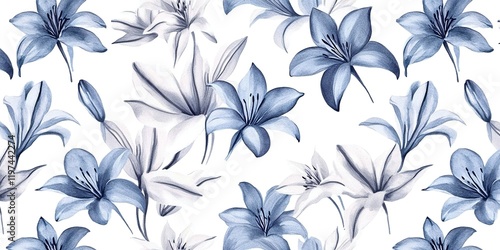 A seamless pattern of lilies in shades of blue and gray, arranged on a white background, in a watercolor style.