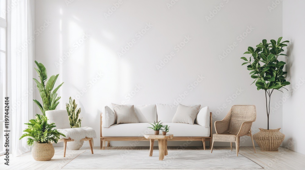 Fototapeta premium A minimalist studio with functional furniture, clean lines, and bright decorative plants enhancing the space.