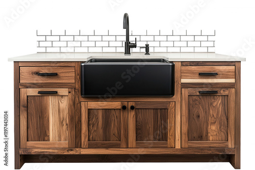 Dark sink walnut vanity, subway tile backsplash, contemporary design, contrasting wood grain, matte black fixtures. Isolated on white background or PNG