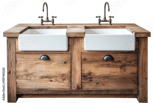 Rustic Elegance, Double farmhouse sinks, wooden cabinetry, vintage faucets, country-style kitchen fixture, warm tones Isolated on white background or PNG