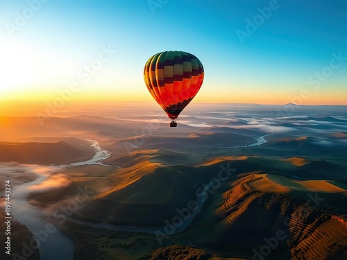 The illustration captures a vibrant hot air balloon soaring above a breathtaking landscape, with the sun setting in the distance and colorful balloons filling the sky. photo