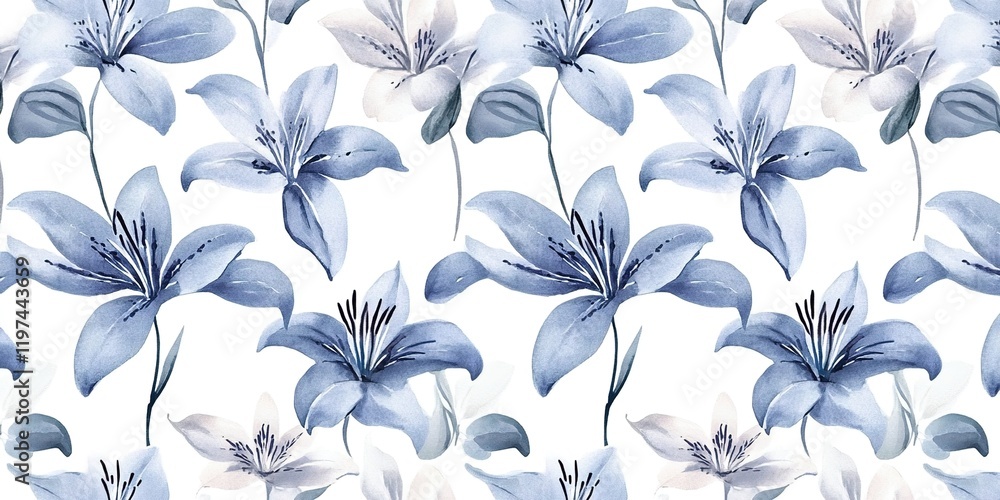 A seamless pattern of lilies in shades of blue and gray, arranged on a white background, in a watercolor style. A seamless pattern of lilies in shades of blue and gray, arranged on a white background, in a watercolor style.