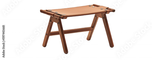 Folding wood stool, tan leather seat, simple design, portable, compact, functional, minimalist, indoor-outdoor use Isolated on white background or PNG