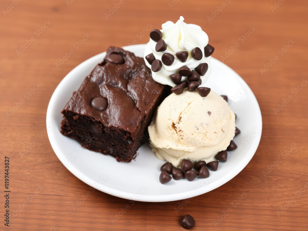 A dense, gooey brownie sits atop a white plate, accompanied by a scoop of rich, dark chocolate ice cream and topped with whipped cream and chocolate chips, brownie, treat, chocolate A dense, gooey brownie sits atop a white plate, accompanied by a scoop of rich, dark chocolate ice cream and topped with whipped cream and chocolate chips, brownie, treat, chocolate
