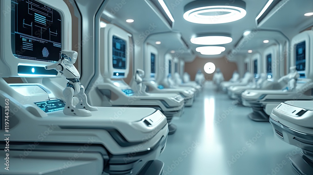 Futuristic medical bay, robots at consoles. Futuristic medical bay, robots at consoles.