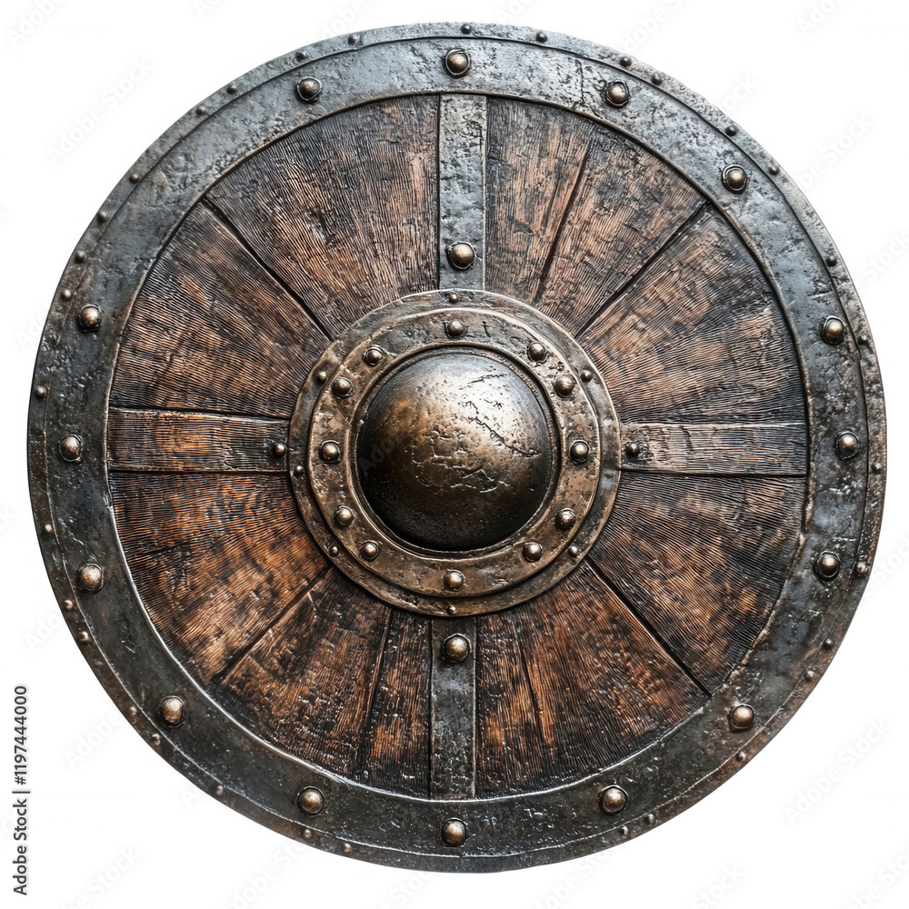 Fototapeta premium Medieval Warrior Shield, weathered wood, metallic studs, central boss detailing, rustic defense artifact, circular form Isolated on white background or PNG