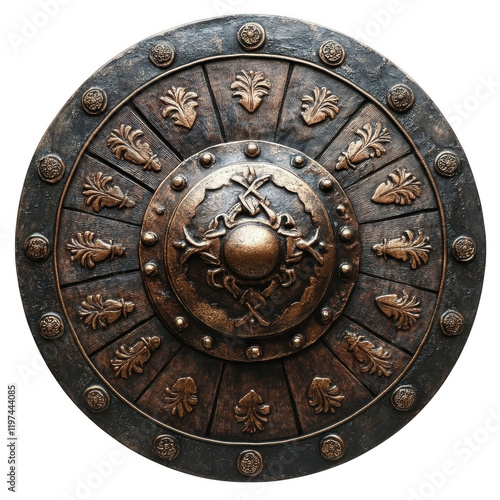Ornate Medieval Shield Intricate Design Metalwork Engraved Patterns Circular Form Historical Armor Decorative Piece Isolated on white background or PNG