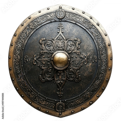 Ornate Antique Shield, detailed metal craftsmanship, intricate floral patterns, central boss, vintage allure, ceremonial use Isolated on white background or PNG