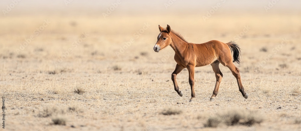 Young foal running across a vast dry landscape with sparse vegetation and clear sky Copy Space Young foal running across a vast dry landscape with sparse vegetation and clear sky Copy Space