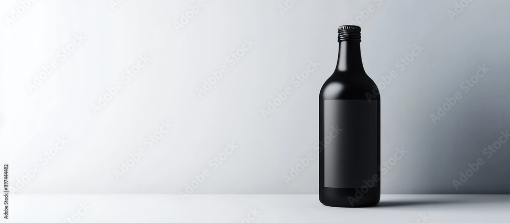 Black Metallic Mockup of Drink Container with Blank Label Positioned on Bright White Surface with Ample Copyspace for Text Elements Black Metallic Mockup of Drink Container with Blank Label Positioned on Bright White Surface with Ample Copyspace for Text Elements