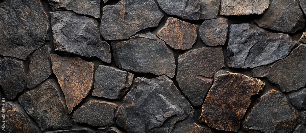 Fototapeta premium Dark Faceted Stone Wall with Varied Textures and Shadows, Ideal for Text Overlay or Background Design
