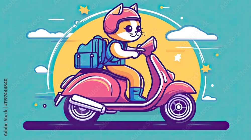 Naklejka premium Cute cat riding a scooter, sunny day, cartoon style, travel poster
