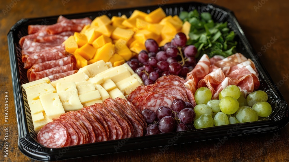 Assorted meats, cheeses, green and red grapes platter arranged in a black tray on wooden surface with vibrant colors and textures. Assorted meats, cheeses, green and red grapes platter arranged in a black tray on wooden surface with vibrant colors and textures.