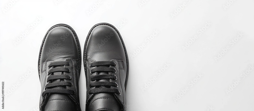Black men's shoes on a white background with ample copyspace for text and product presentation. Black men's shoes on a white background with ample copyspace for text and product presentation.