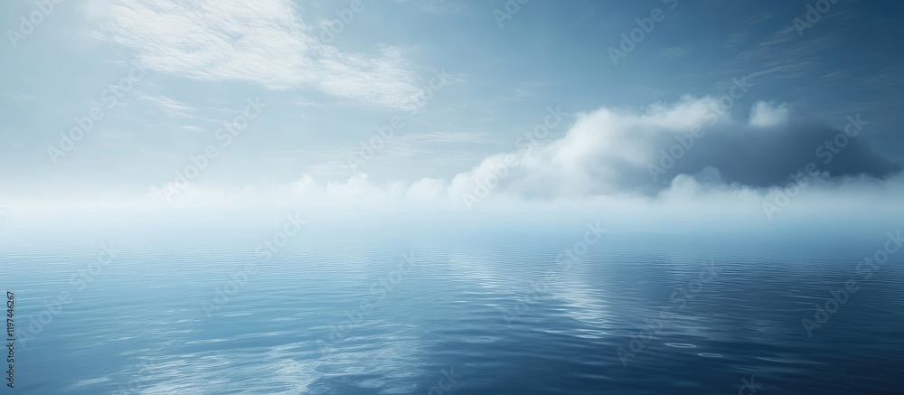 Obraz premium Calm ocean surface with soft clouds reflecting in water under a clear blue sky Copy Space