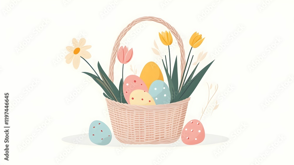 Obraz premium minimalistyczna ilustracja, wielkanocny koszyk, koszyk wiklinowy, pastelowe kolory, pisanki, tulipany, żonkile, kwiaty wiosenne, prosty design, nowoczesny styl, czyste tło, białe tło, miękkie cienie, 