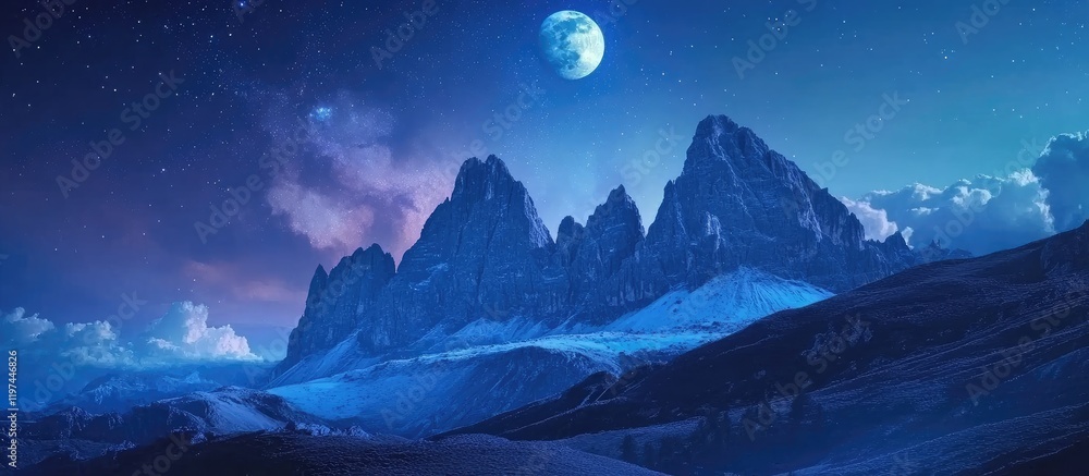 Nighttime landscape of Dolomites with Three Peaks illuminated by blue moonlight under Milky Way, dramatic mountain silhouette, ample copy space. Nighttime landscape of Dolomites with Three Peaks illuminated by blue moonlight under Milky Way, dramatic mountain silhouette, ample copy space.