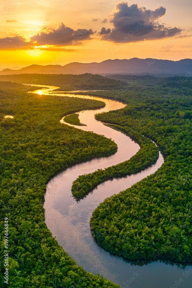 Aerial view of the Amazon River and jungle forest, generated by AI. Aerial view of the Amazon River and jungle forest, generated by AI.