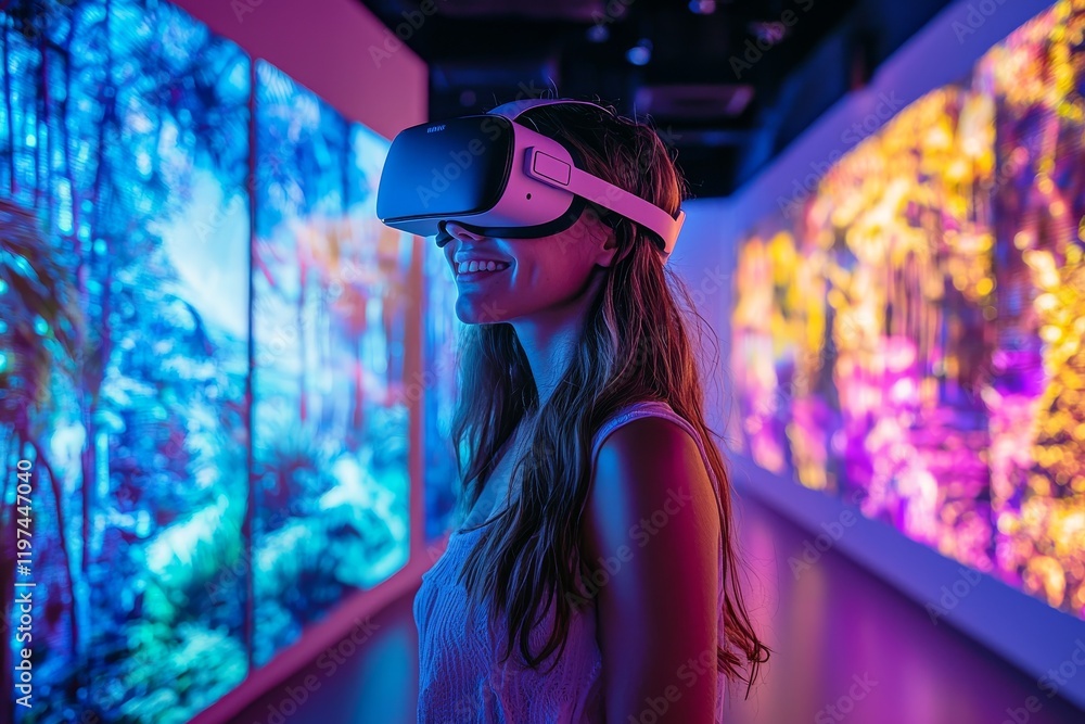 A woman dons virtual reality glasses as she explores a museum A woman dons virtual reality glasses as she explores a museum