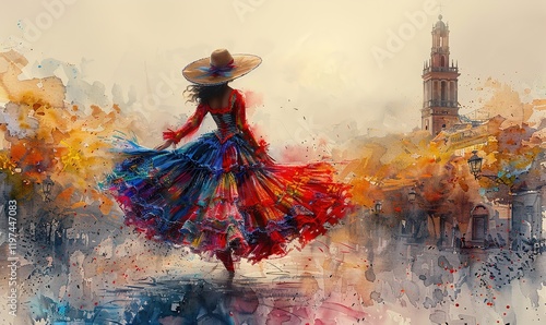 abstract colorful art watercolor painting Beautiful female flamenco dancer in traditional dance dress. Young woman dancing flamenco on oldtown square