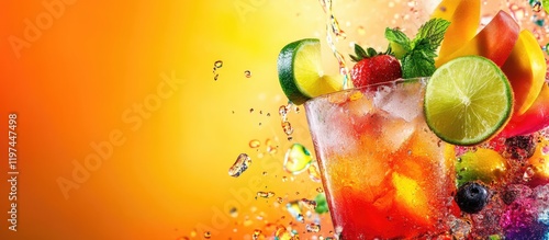 Bartender crafting vibrant cocktail with colorful liquors and fresh fruit garnishes against warm gradient background with splashes and empty space for text photo