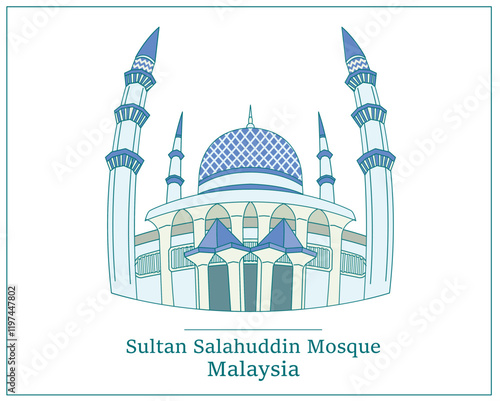 Sultan Salahuddin Abdul Aziz Malaysia. blue mosque vector illustration